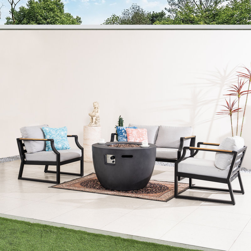 Ensemble de canapé d'extérieur en aluminium résistant aux intempéries pour 4 personnes avec foyer d'extérieur de 50 000 BTU et coussins amovibles