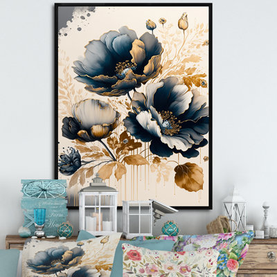 " Navy Blue And Gold Poppy Flowers II "