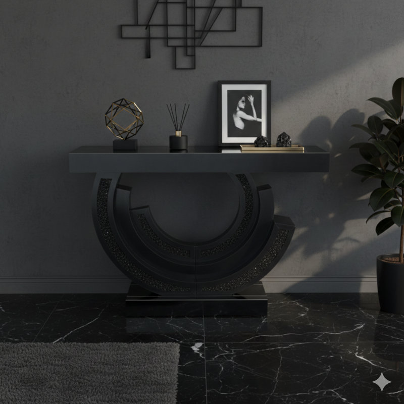 Console à miroir en verre avec effet de diamant concassé, entrée en forme de croissant ou table de canapé de salon (noir)