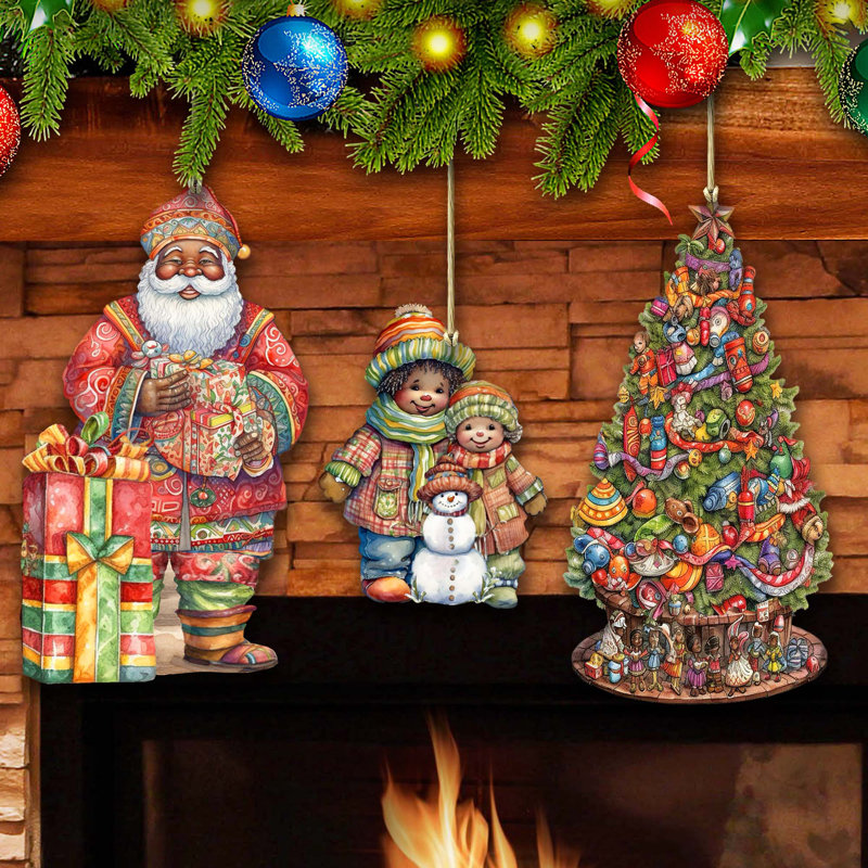 Ensemble de 3 ornements en bois de père Noël d'inspiration afro-américaine