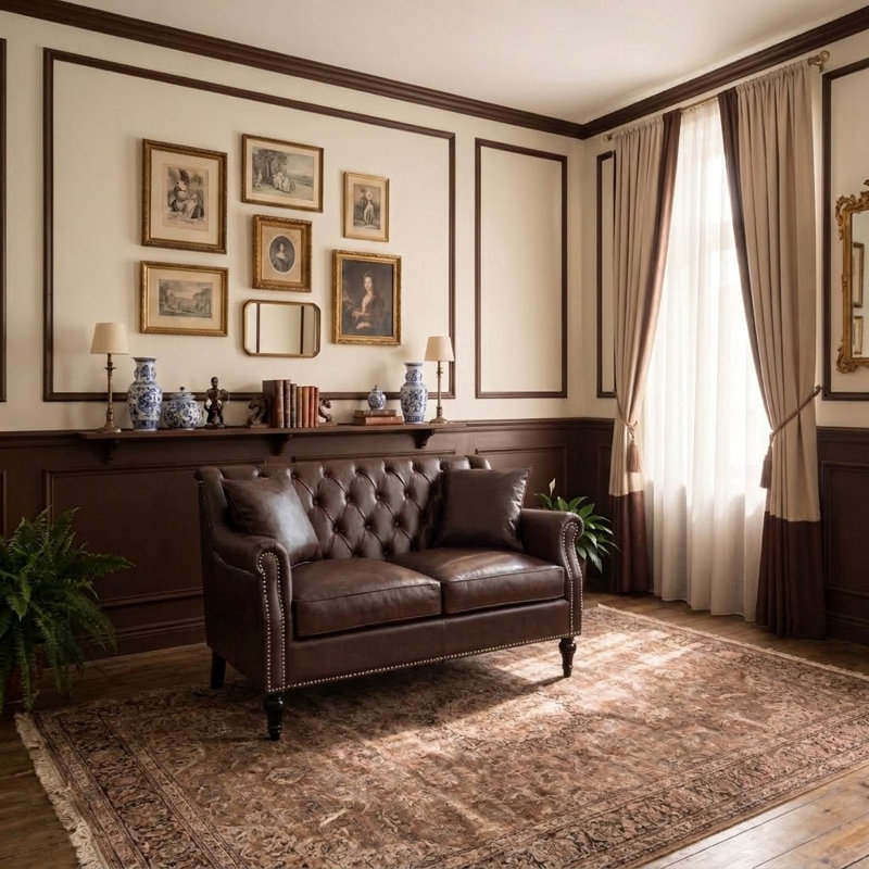Canapé deux places avec dossier capitonné et garniture cloutée, comprend deux coussins décoratifs., Marron foncé