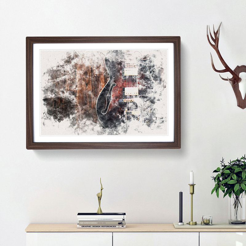 Wooden Electric Guitar Watercolour - Framed Print, 35cm H x 50cm W x 2cm D, Walnut