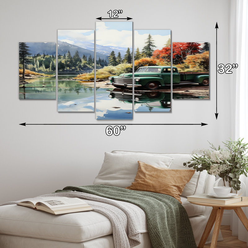 Pickup Truck Tranquil Lakeside III - Art mural sur toile transport - 5 panneaux