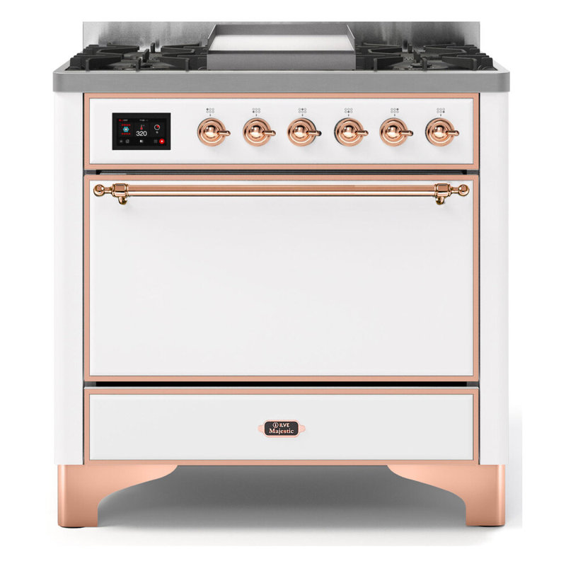 ILVE Majestic II Series 36 inch Dual Fuel Range with 6 Sealed Burners, Griddle (Solid Door), White/Copper, Natural Gas