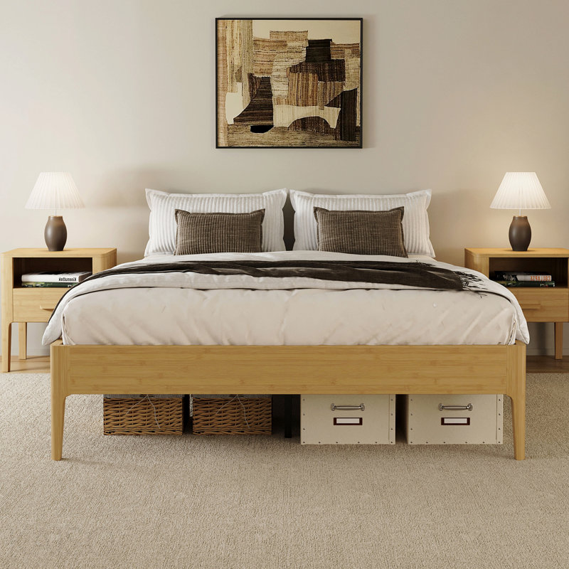 15 Inch High Full Size Solid Dry Bamboo Wood Platform Bed Frame, With Wood Slat Metal Support, Modern & Minimalist Style, No Box Spring Needed, Easy Assembly, Natural