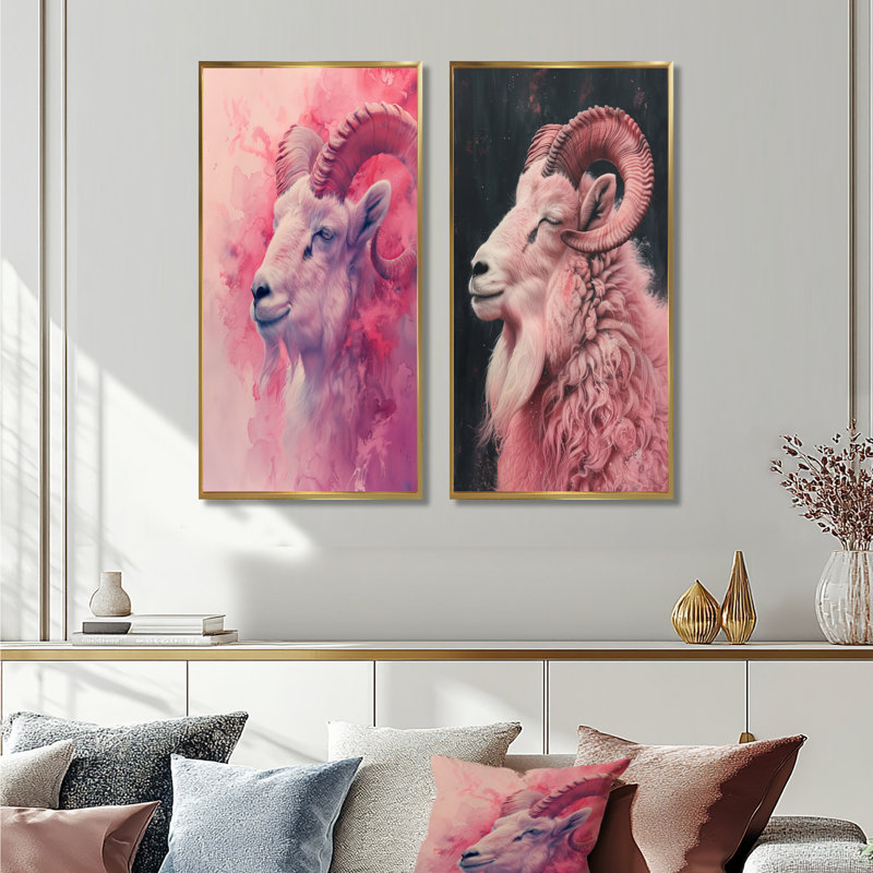 Ensemble de 2 pièces d'art mural blanc et rose avec astrologie Capricorne, H 40 po x l 40 po, Impression encadrée, Doré
