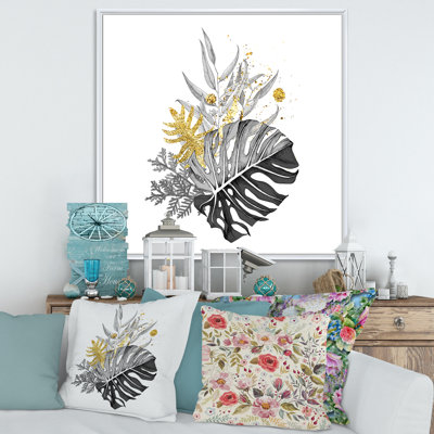Bouquet avec feuilles tropicales monochromes et dorées - Impression sur toile