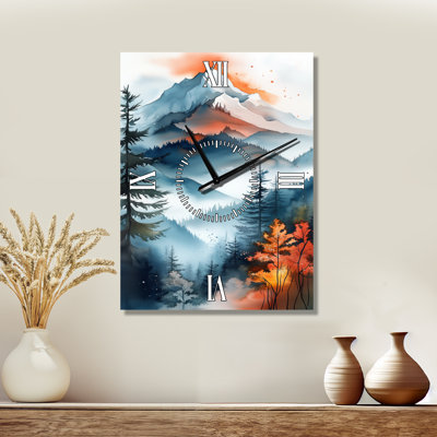 Horloge murale en métal Blue and Orange Alpine Mountain Top Mist Ridge I - Lodge
