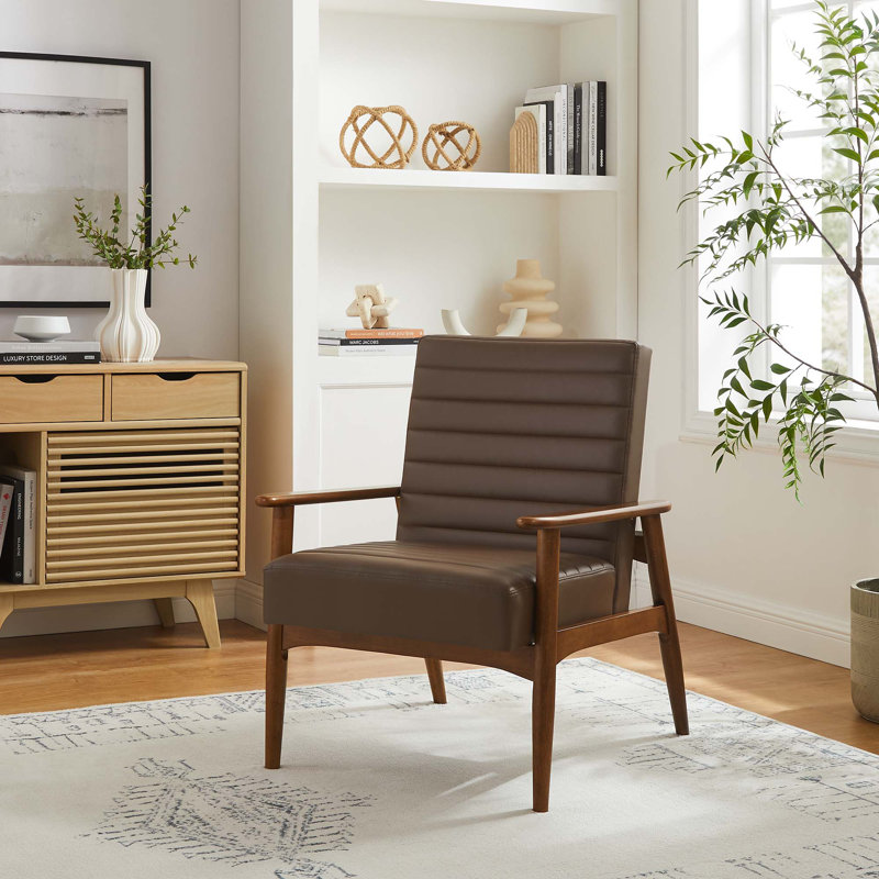 Fauteuil d'appoint en cuir Jensen , Similicuir brun, Bois brun foncé