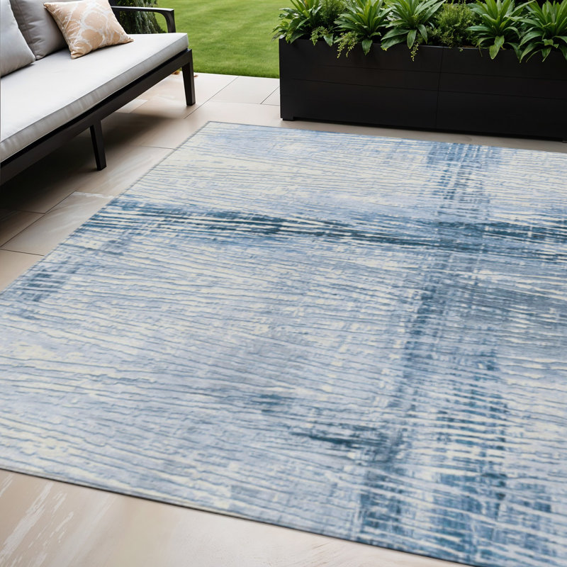 Tapis intérieur lavable rayé bleu ciel et ivoire 5 pi x 8 pi
