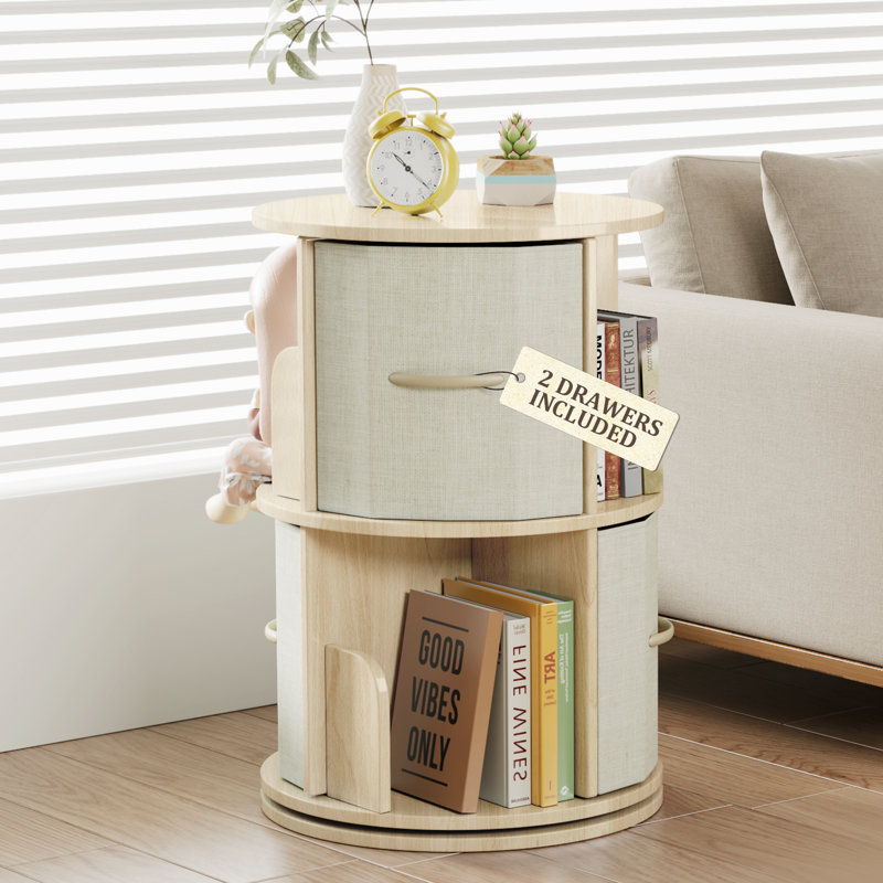 Rotating Bookshelf - Solid Wood Rotating Bookshelf Tower With 2 Drawers, 2 Tier Small Bookshelf, 360 Display Spinning Bookshelf, Round Corner Book Shelf For Small Space, Bedroom, Living Room