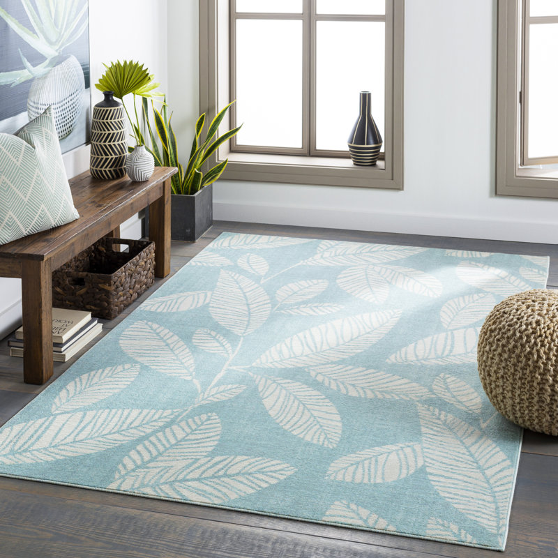 Tapis d'intérieur / extérieur à motif floral turquoise / taupe Garo, Rectangle 8 pi 10 po x 12 pi