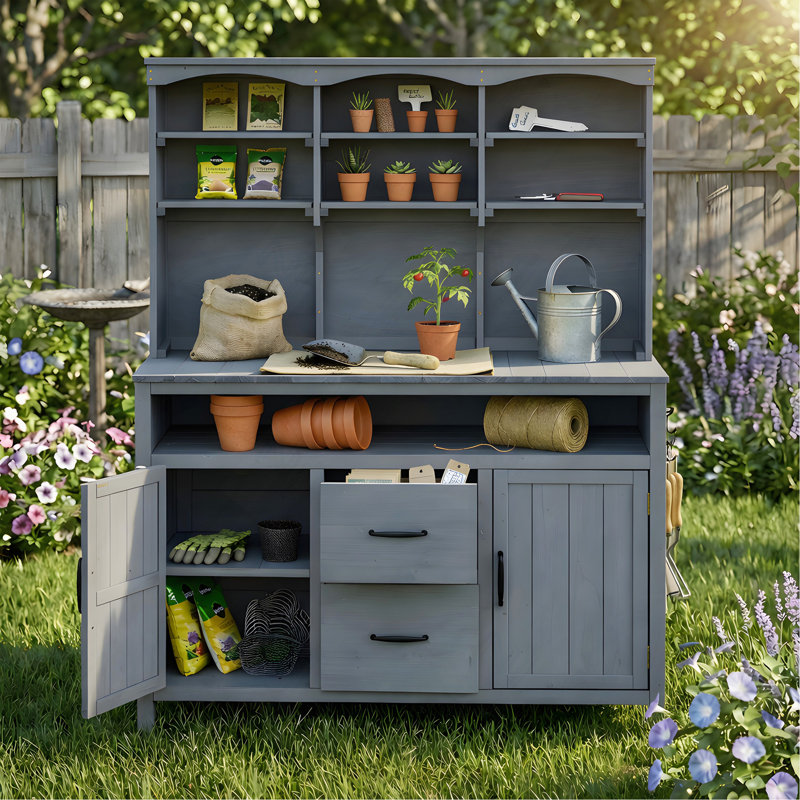Table de rempotage et îlot de cuisine/terrasse en sapin massif de 115 cm (45,3 po) de long, avec étagère, placards et tiroirs, gris