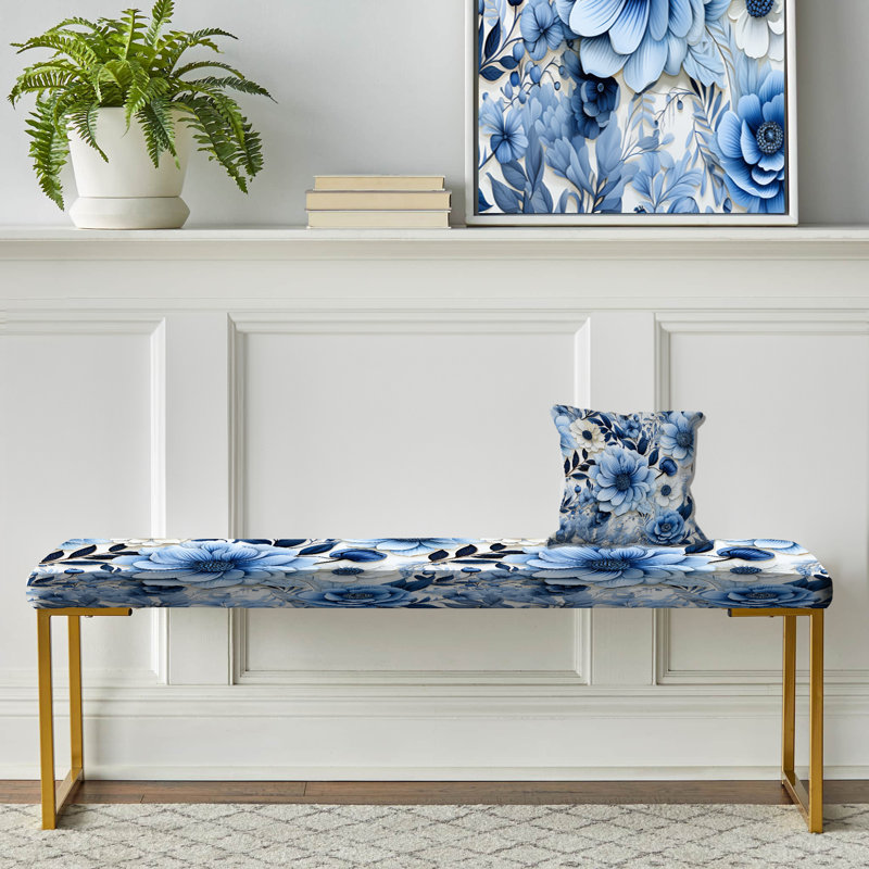 Floral Upholstered Gold Bench, Blue Watercolor Eccentric Floral Pattern II