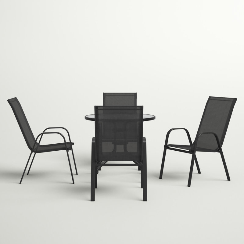 Elgin 5 Piece Patio Dining Set - Glass Table, 4 Flex Stack Chairs, Black