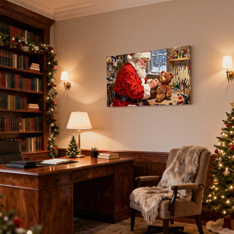 «Christmas Santa Crafting Teddy Bear In Workshop», ensemble de 3 impressions sur toile, H 24 po x l 36 po
