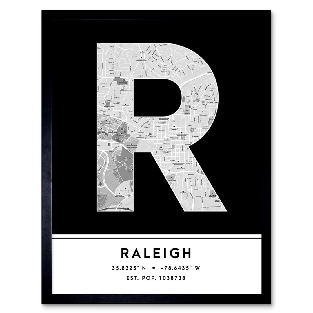 Raleigh City Map Raleigh Black & White by Wee Blue Coo - Single Picture Frame Typography