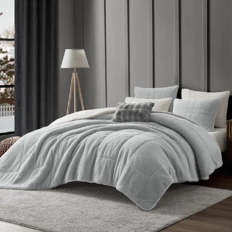 Wonderful 3 Pieces Quilted Teddy Fur Comforter Set, Light Gray, Queen Comforter + 2 Pillow Shams