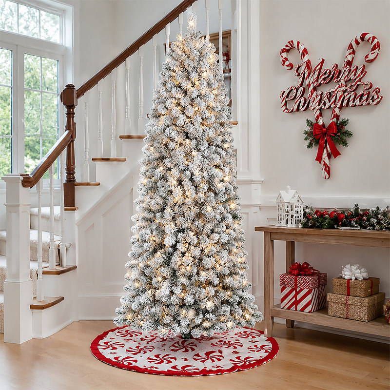 Pre-Lit Slim Artificial Christmas Tree- Warm White LEDs, Full Branch Tips, 9 Light Modes, Snow-Flocked PVC Branches, Metal Stand, Space-Saving Pencil Tree, Christmas Decorations