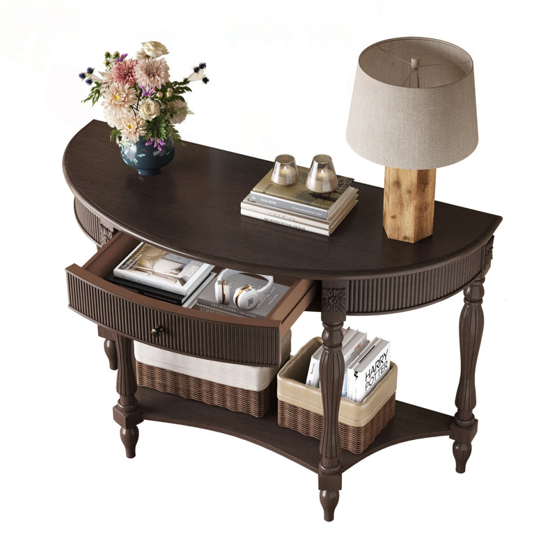 Console en bois massif avec tiroir cannelé et pieds à colonnes romaines, Brun rustique profond, Brun rustique profond