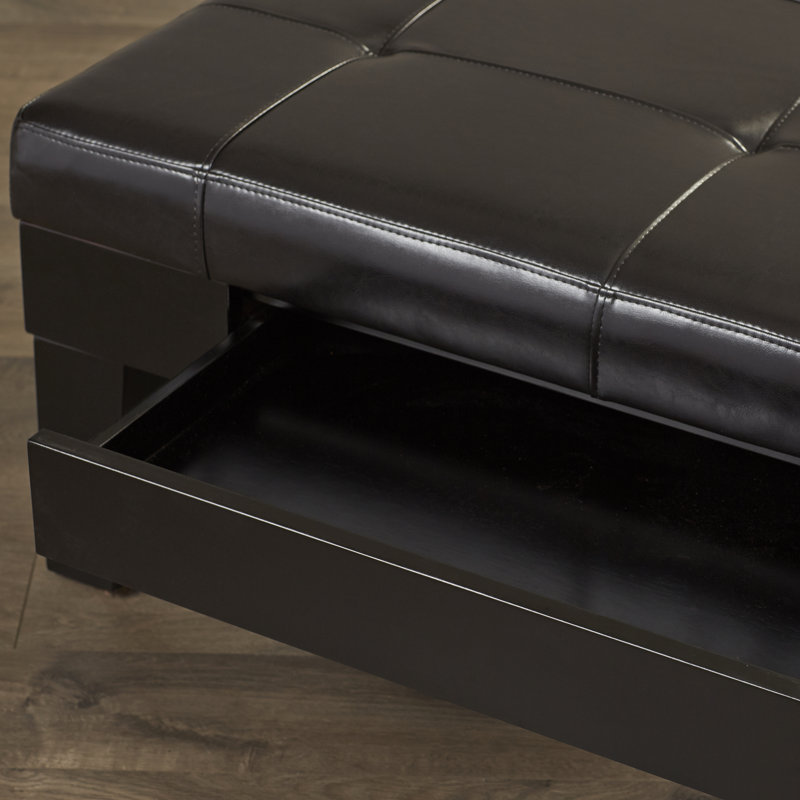 Repose-pieds en cuir PU avec tiroir caché et pieds en bois Brahmsley, Similicuir espresso foncé