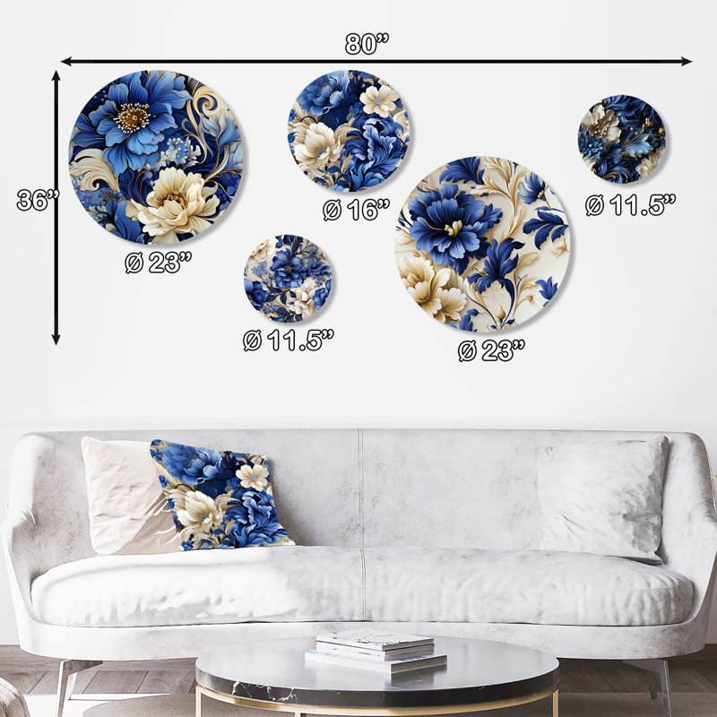 Cobalt Blue and Beige Floral Metal Wall Art Set