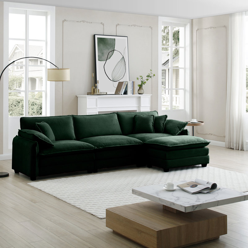 Canapé avec un repose-pieds, Velours côtelé vert, H 33,85 po x l 115,34 po x P 34,25 po