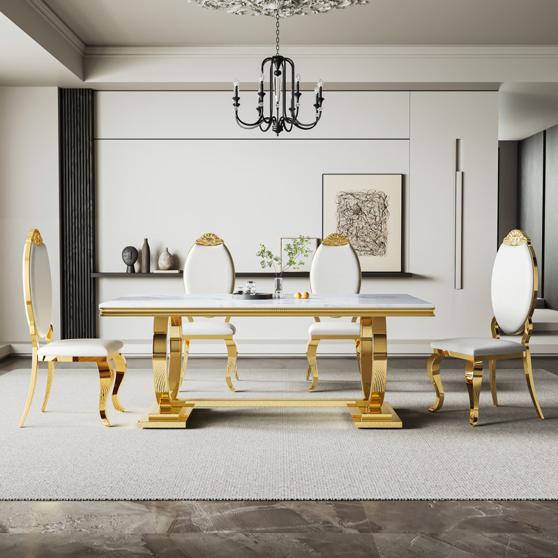  Ensemble de salle à manger 5 pièces, Blanc / blanc / or, 5 pièces: table, 4 chaises