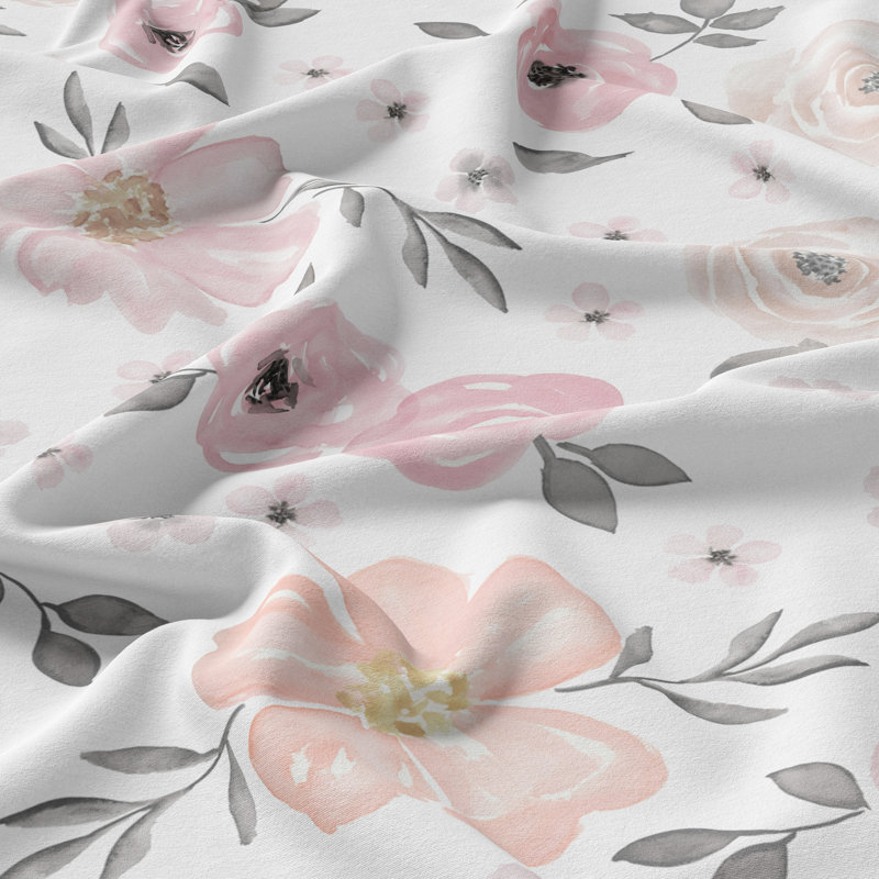 Blush Pink and Grey Floral Cotton Queen Duvet Cover Set