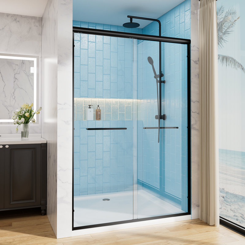 Porte de douche à double porte coulissante en aluminium l 50 à 54 po x H 72 po noir mat, Noir