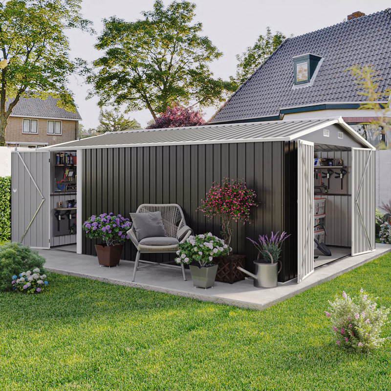 Remise de rangement extérieure 10 pi x 14 pi avec 3 portes verrouillables, structure de remise en métal et 4 évents, Gris