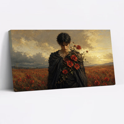 Homme en cape noire tenant des coquelicots rouges sur toile dorée pour l'Halloween