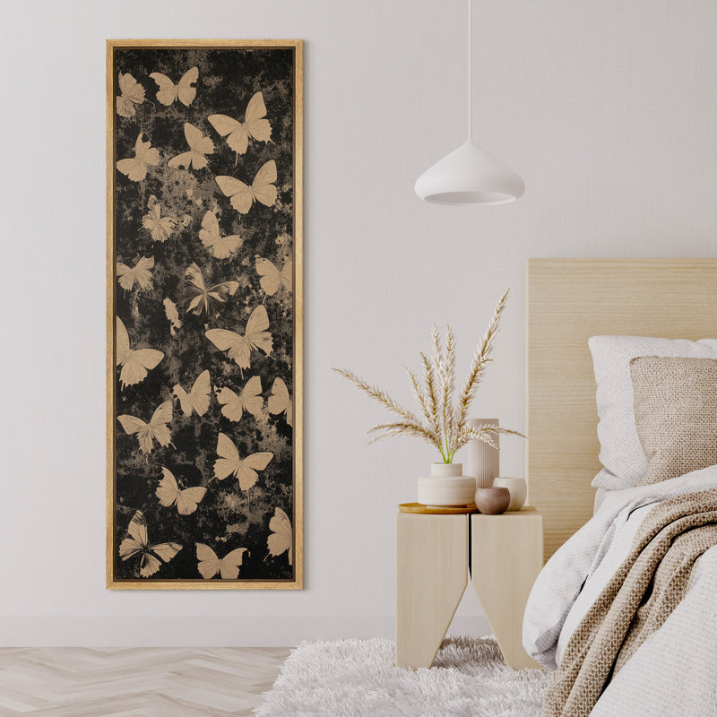 Papillon, silhouettes sur fond foncé - grande impression encadrée sur toile de la chambre principale, Naturel