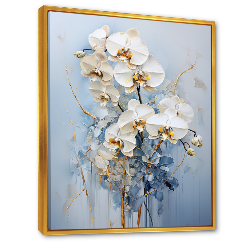 Orchidées beiges et dorées simplicité V, H 32 po x l 24 po x P 1 po, Cadre flottant doré