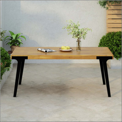 Acacia Wood Outdoor Dining Table With Slat Design, Weather-Resistant And Modern Style For Patio Or Backyard Gatherings.