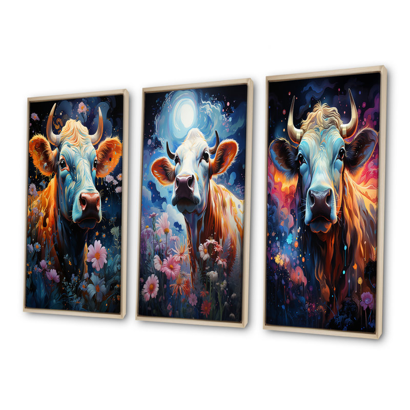 Vache fantastique dans un pays enchanté - ensemble de 4 décorations murales de vache, Cadre flottant brun, H 40 po x l 60 po