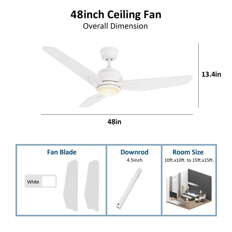 3 - Blade LED Smart Ceiling Fan with Light, White, 48" H x 5.8" W x 20.8" L