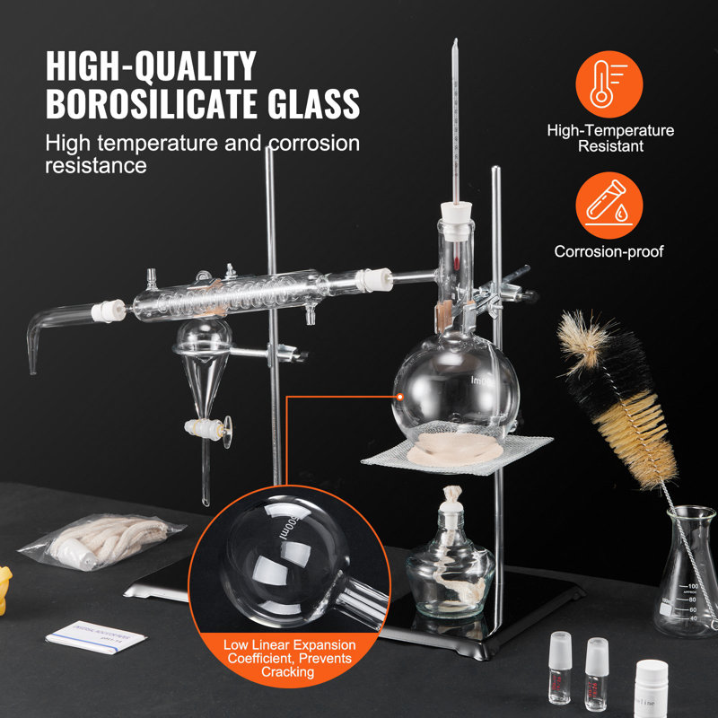 Ensemble de distillation pour huiles essentielles, appareil de distillation de 500 ml, ensemble de distillation pour verrerie de 3,3 litres avec lampe à alcool, filet en céramique et ensemble de 24, 40 joints, 28 pièces