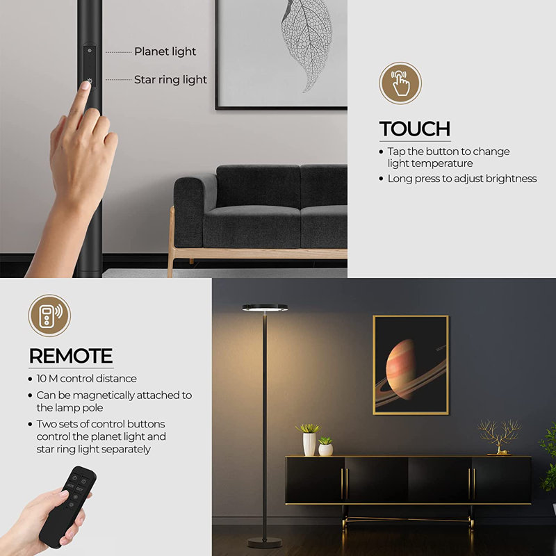 Fimei Saturn Ring LED Floor Lamp – Modern Steel Torchiere Standing Lamp with Remote & Touch Control, Black