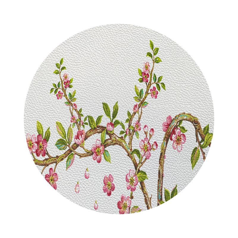 Cherry Blossom Red Vegan Leather Round Coasters, Pink