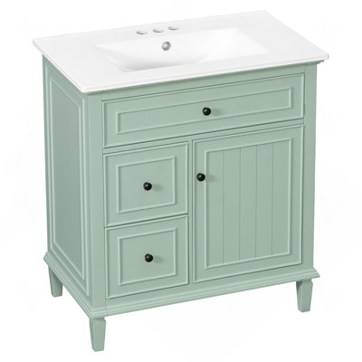 Meuble-lavabo 30 po avec lavabo, meuble-lavabo avec un tiroir rabattable et deux tiroirs, tablette réglable, bois massif et panneau de fibres à densité moyenne, vert