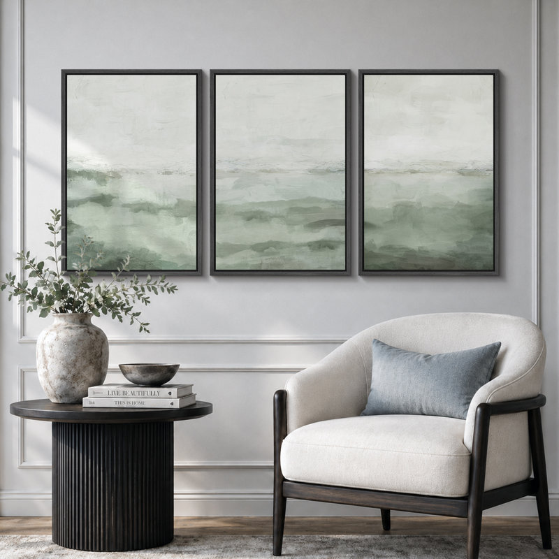 «Minimal Landscape», art organique moderne vert sauge, images murales abstraites simples dans la chambre à coucher, grand ensemble de 3 impressions murales sur toile, 16 x 24 x 3, 24 x 36 x 3