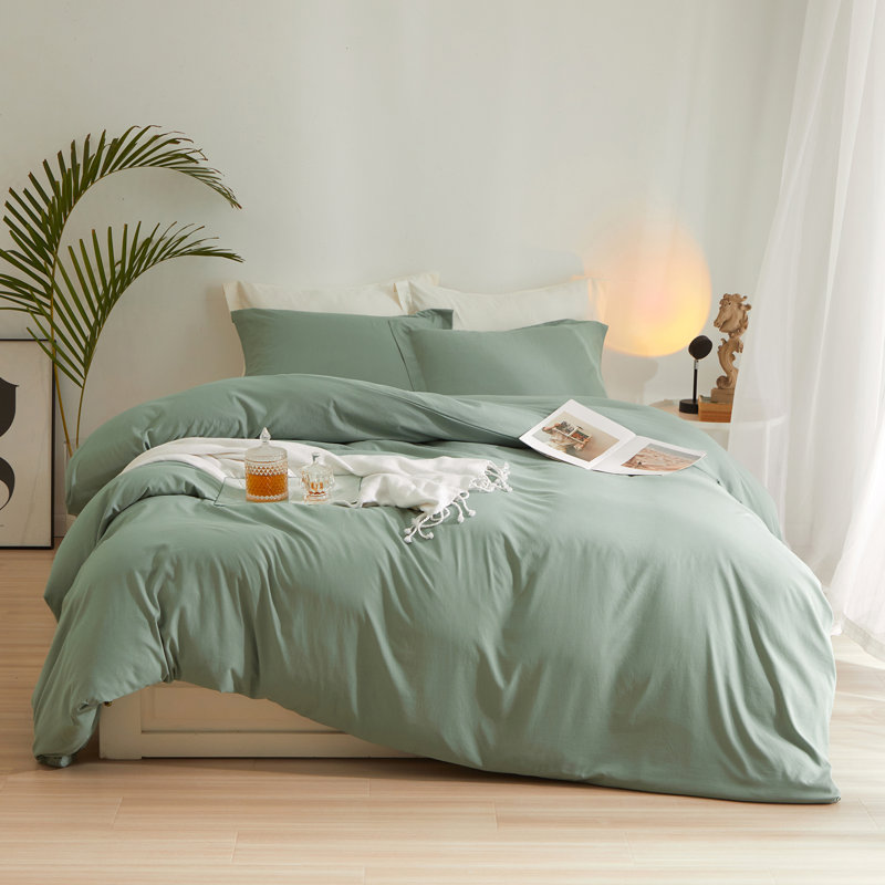  Breathable Washed Microfiber Duvet Cover Set, Full Duvet Cover + 2 Standard Shams, Light Green