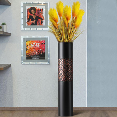 Grand vase de plancher en résine noire et bronze estampé, grand vase cylindrique décoratif, décor rustique moderne pour le salon et le vestibule