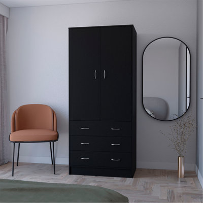 Armoire, avec 2 portes, 3 tiroirs et 1 tringle, noir