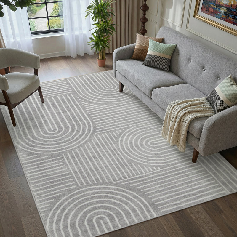Celeta Washable Abstract Japandi Rainbow Striped Gray Area Rug - Colorful Modern Carpet for Living Room, Bedroom, or Office Decor