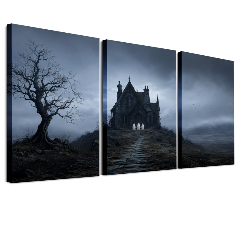 Maison gothique hantée avec trois fantômes - Ensemble de 3 toiles murales pour l'Halloween, 18"H x 12"W x 3pcs