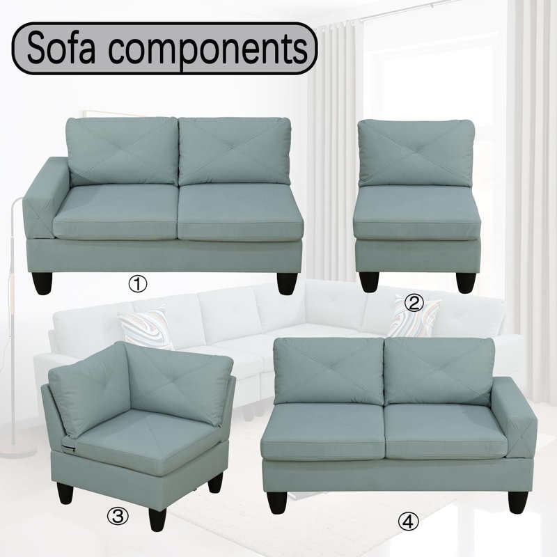4-Piece Calico Sectional Sofa, Pale Green