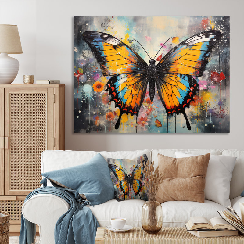 Biba, orange, sarcelle, papillon, danse, couleurs - grand art mural papillon, 34" H x 44" W, Black Picture Framed