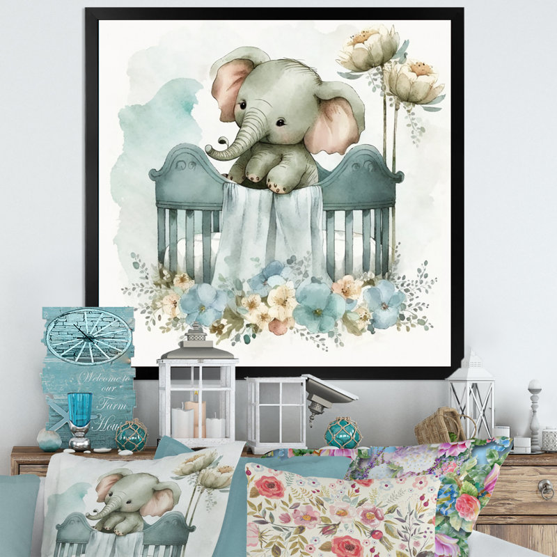 Bébé éléphant dans un lit de bébé avec des fleurs I - Éléphant, art mural, Cadre photo noir, H 16 po x l 16 po